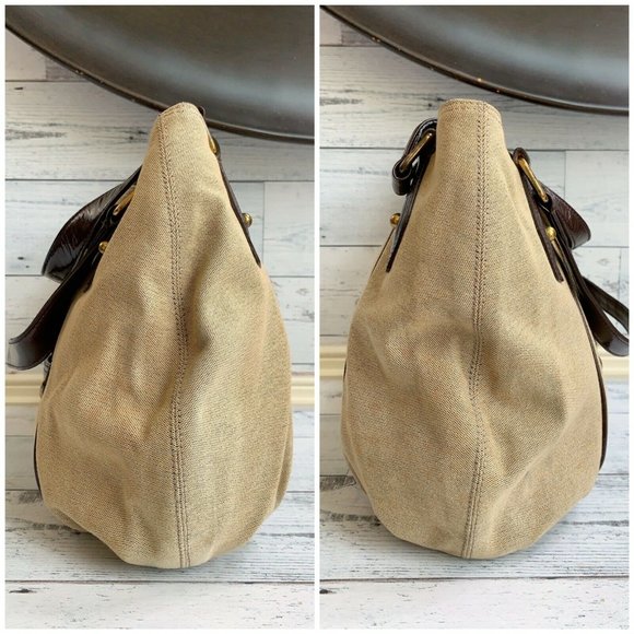 Authentic Burberry Blue Label Beige Buckle Canvas Chocolate Patent  Leather Bag - Picture 5 of 13